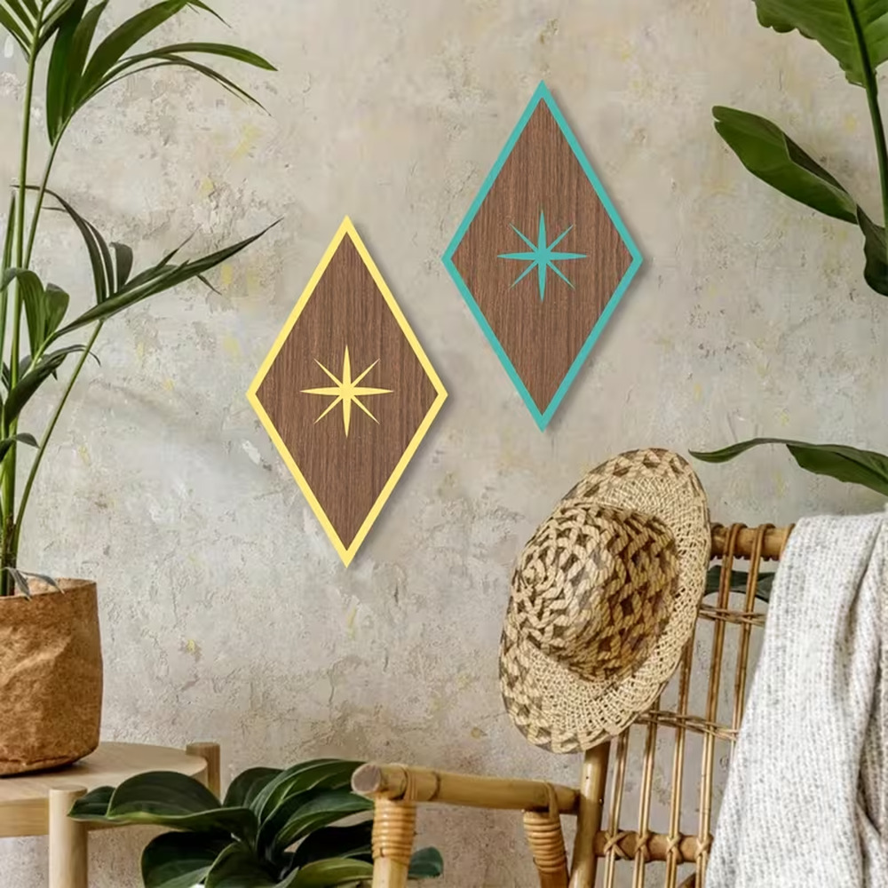 2pcs Vintage Wooden Diamond Wall Art, Mid-Century Modern Retro, Blue, Hanging